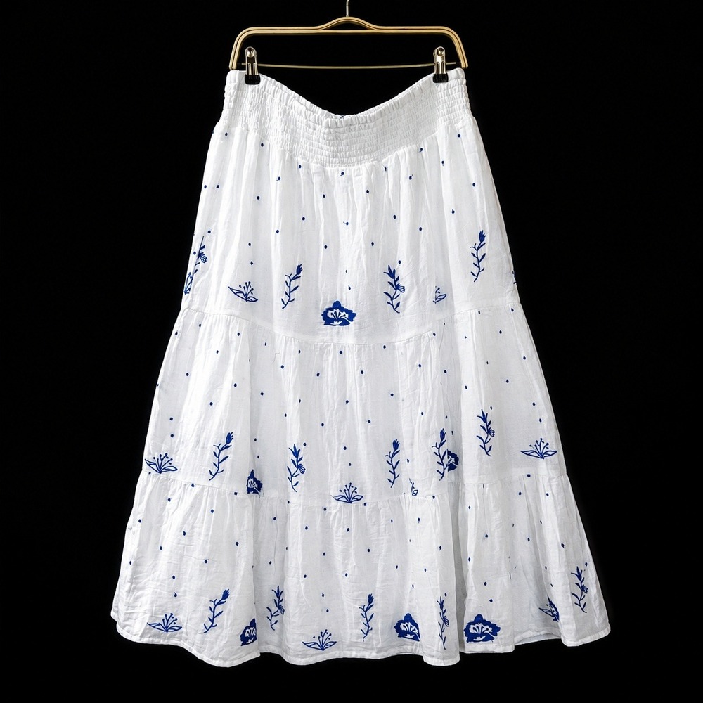 Boho Gauze Embroidered Tiered Maxi Skirt Women XL White Blue Floral Coastal NWT - Picture 1 of 9